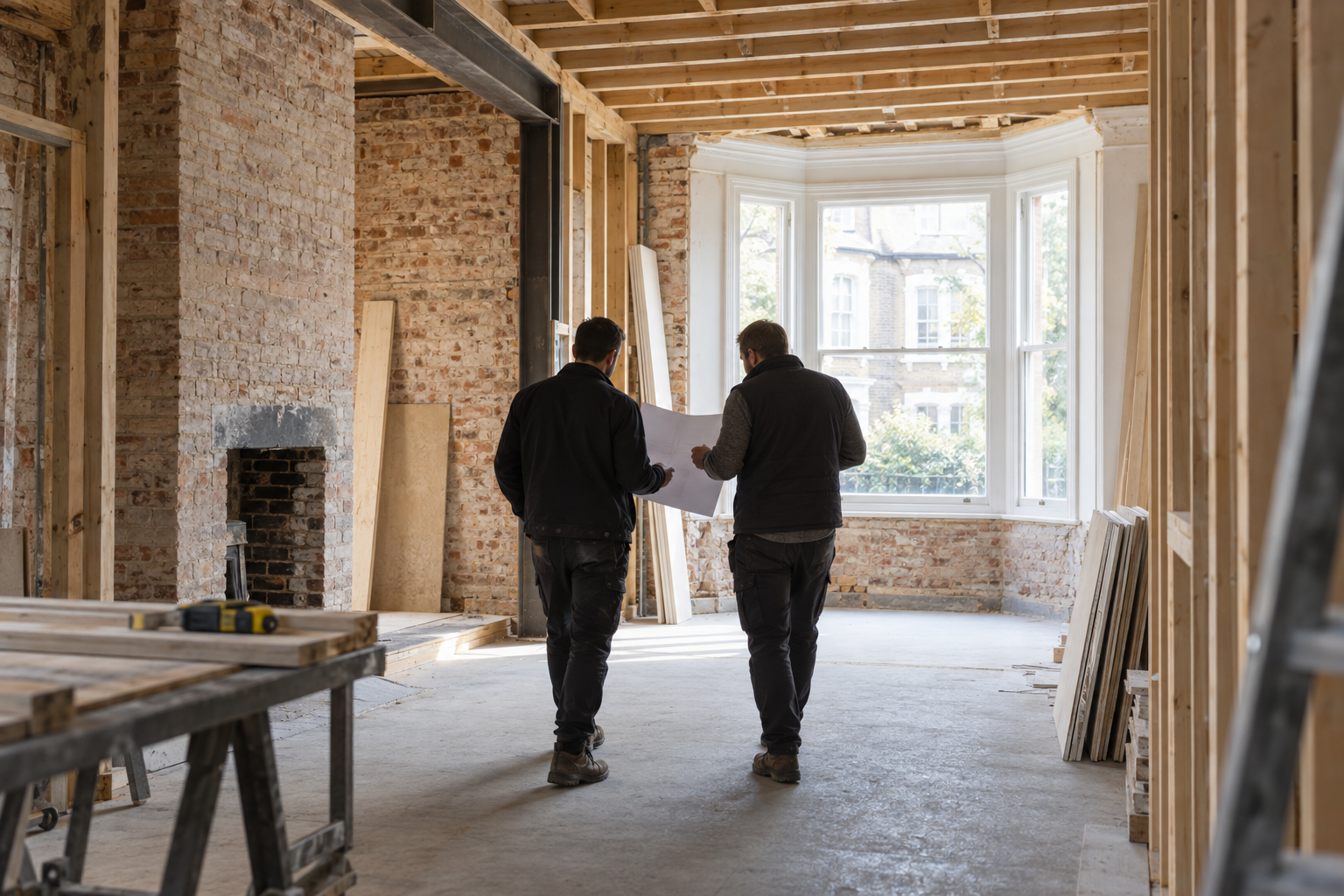 Building professionals reviewing plans in an unfinished bright townhouse